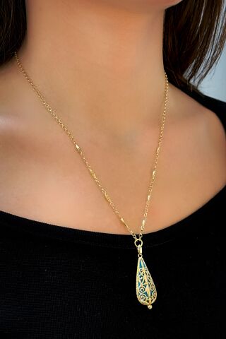 14 Ayar Sarı Altın Turkuaz Mineli Kolye