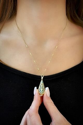 14 Ayar Sarı Altın Turkuaz Mineli Kolye