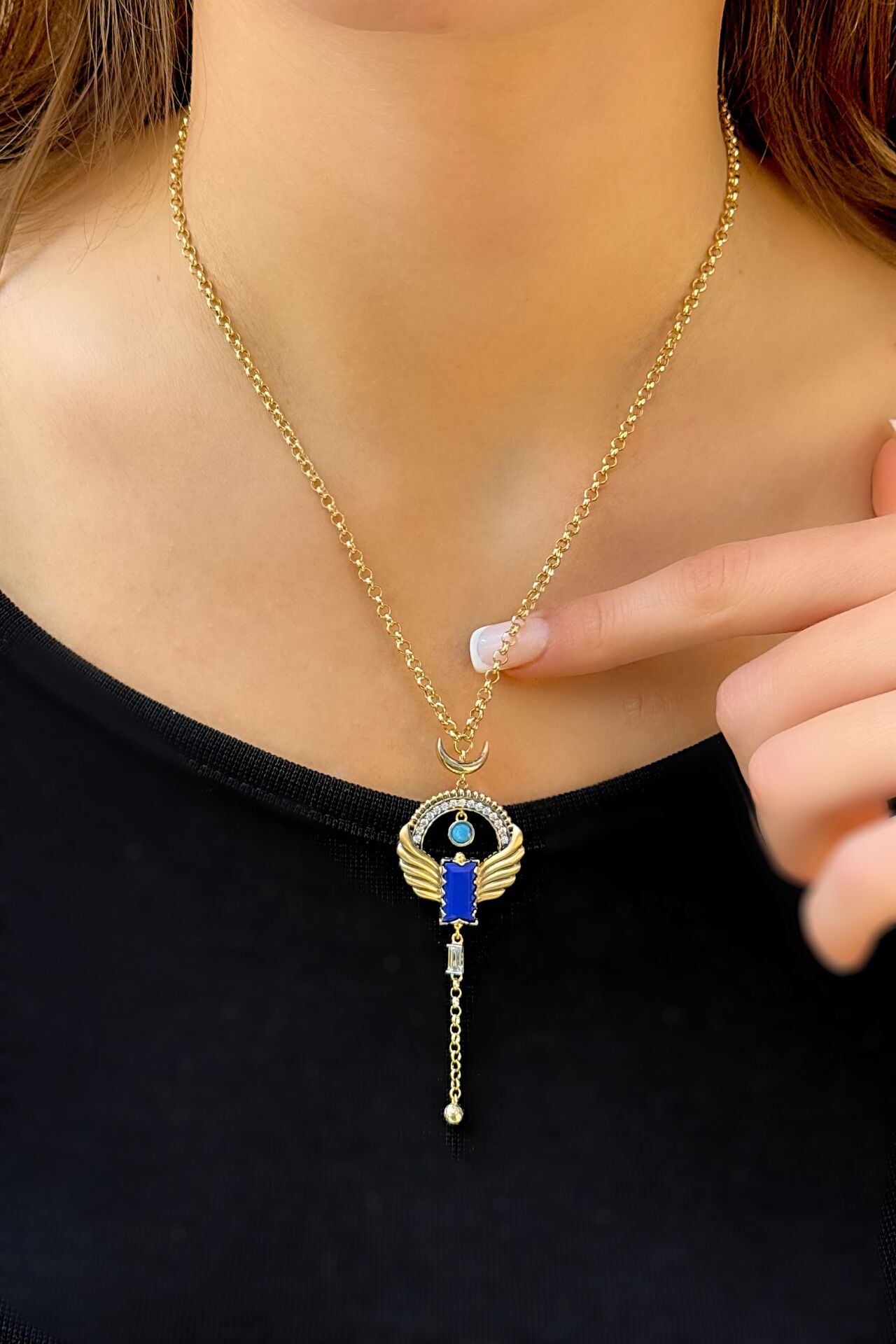 14 Ayar Sarı Altın Lacivert Taşlı Kolye