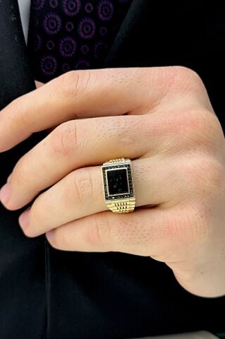 14 Ayar Altın Onix Taşlı Erkek Yüzük