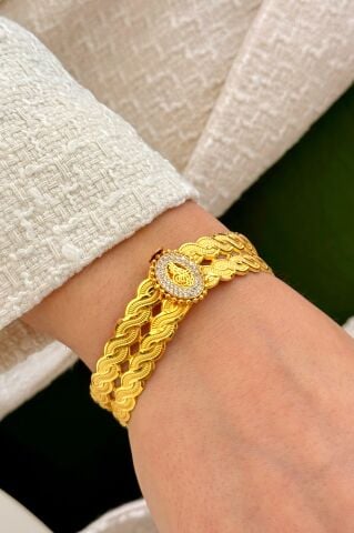 14 Ayar Altın Örgü Desenli Kelepçe Bilezik