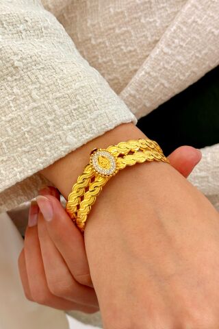 14 Ayar Altın Örgü Desenli Kelepçe Bilezik