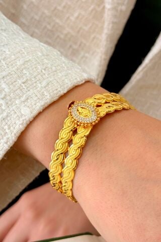 14 Ayar Altın Örgü Desenli Kelepçe Bilezik