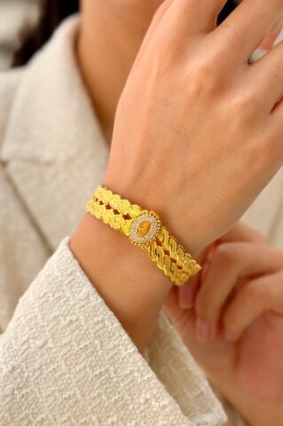 14 Ayar Altın Örgü Desenli Kelepçe Bilezik