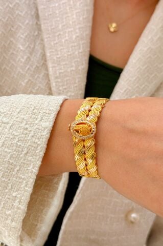 14 Ayar Altın Örgü Desenli Kelepçe Bilezik