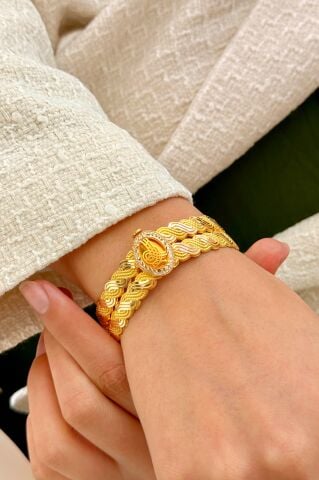 14 Ayar Altın Örgü Desenli Kelepçe Bilezik