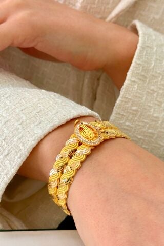 14 Ayar Altın Örgü Desenli Kelepçe Bilezik