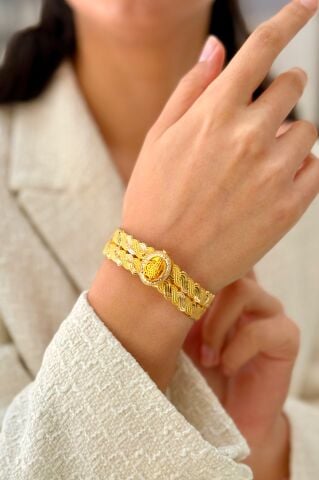 14 Ayar Altın Örgü Desenli Kelepçe Bilezik